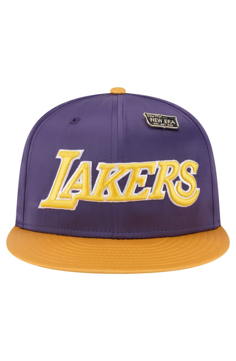 New Era Men's New Era Purple/Gold Los Angeles Lakers Throwback Satin Vintage Pin Two-Tone 59FIFTY Fitted Hat, Alternate, color, Purple