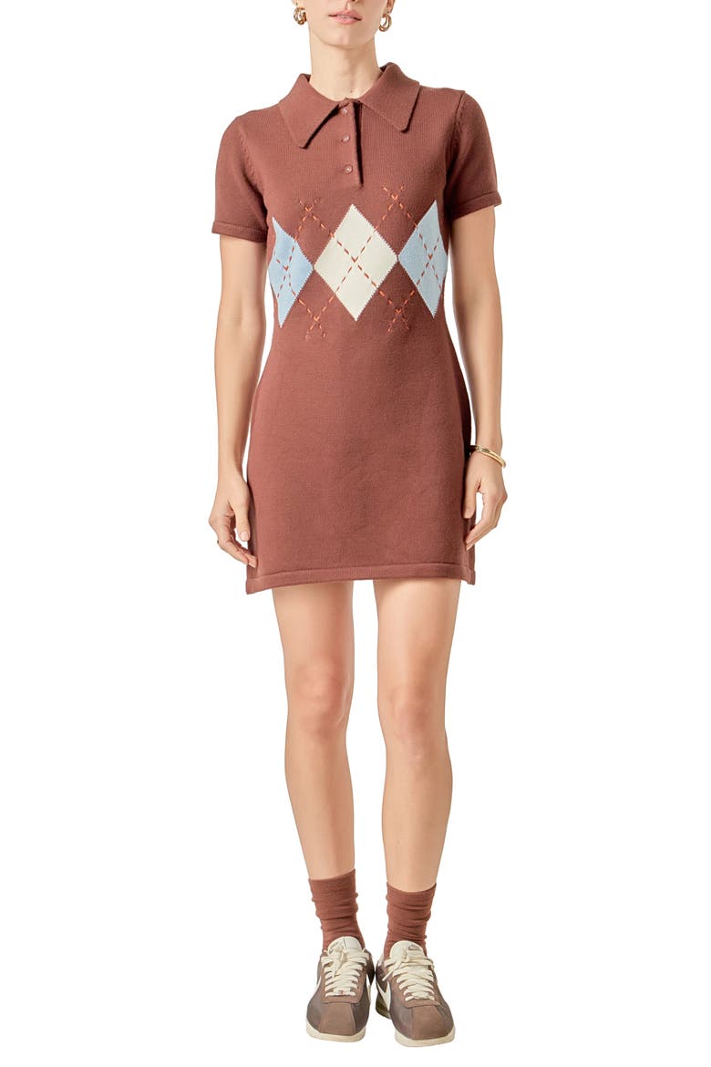 Argyle Knit Polo Dress, Main, color, BROWN MULTI