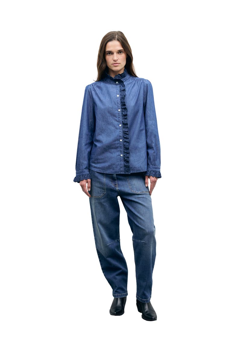 Loupy High Neck Lace Trim Shirt, Alternate, color, Jeans