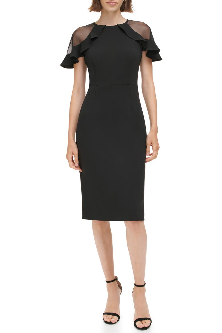 Sheer Ruffle Shoulder Cocktail Dress, Main, color, BLACK