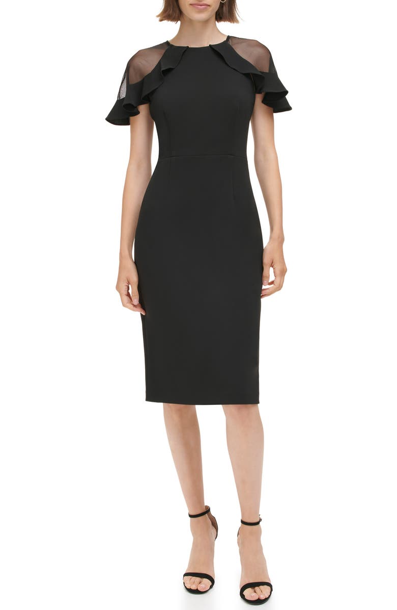 Eliza J Sheer Ruffle Shoulder Cocktail Dress, Main, color,