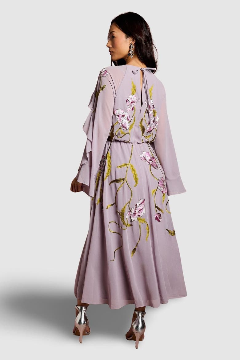 Embroidered Tiered Chiffon Midi Dress, Alternate, color, Mauve