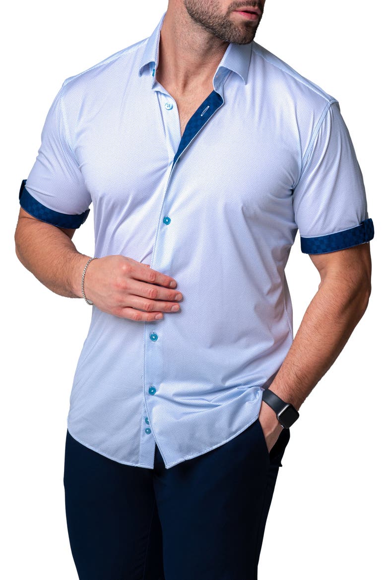 Galileo Chewy Blue Stretch Short Sleeve Button-Up Shirt, Alternate, color, BLUE