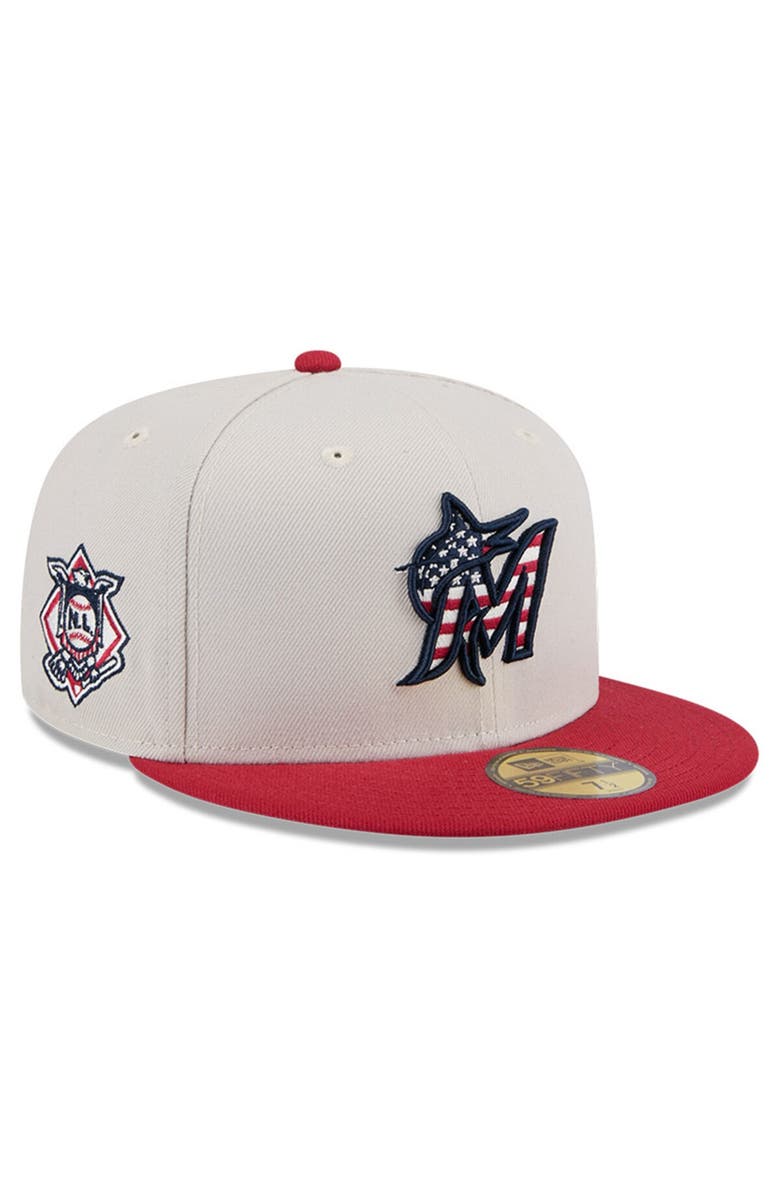New Era Men's New Era Khaki/Red Miami Marlins 2024 Fourth of July 59FIFTY Fitted Hat, Main, color, Khaki