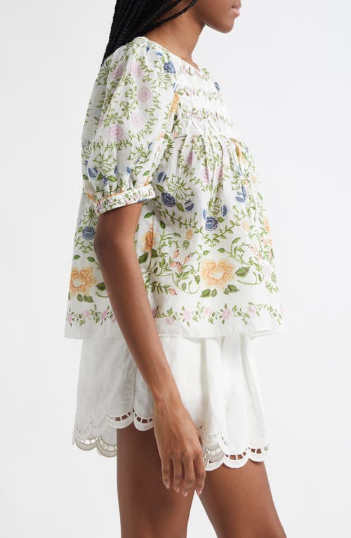 Farm Rio Scoop Neck Short Sleeve Blouse Folk Floral Off-white In Off-white