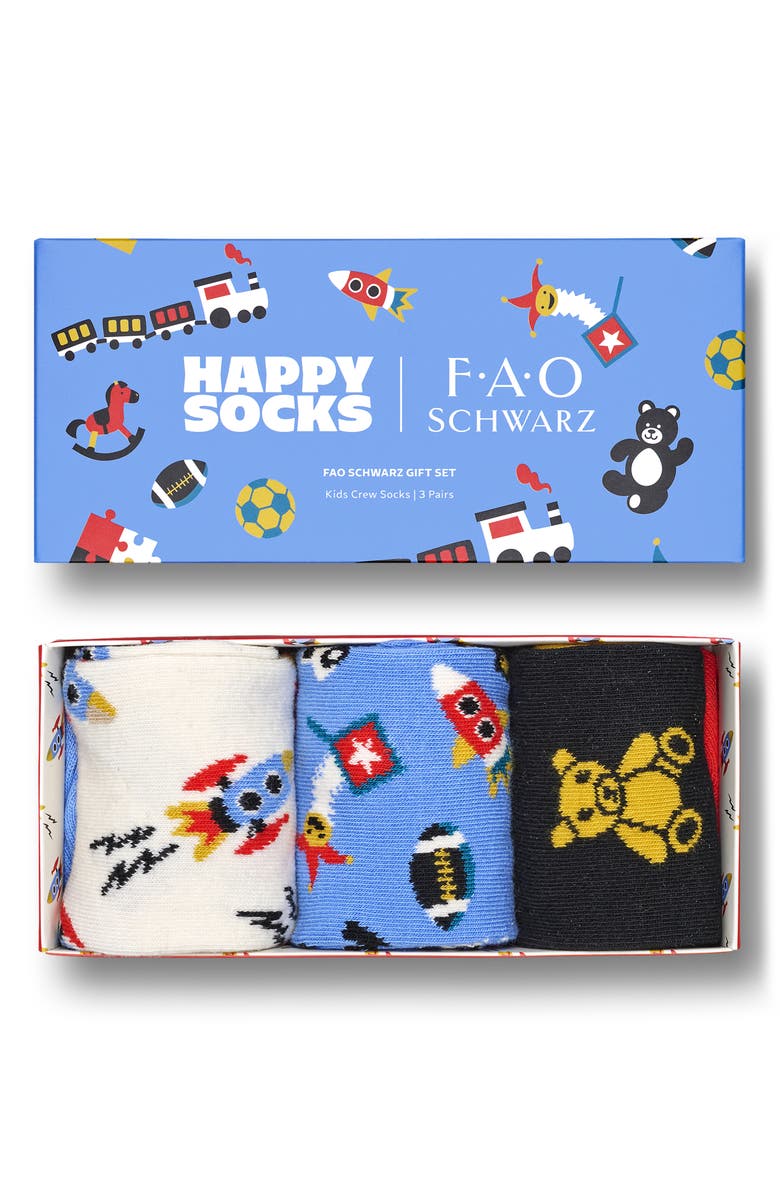 Happy Socks x FAO Schwarz Kids' Assorted 3-Pack Crew Socks Gift Box, Main, color, 