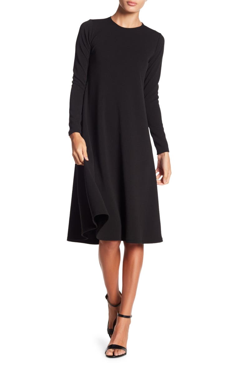 Long Sleeve A-Line Dress, Main, color, BLACK CREP