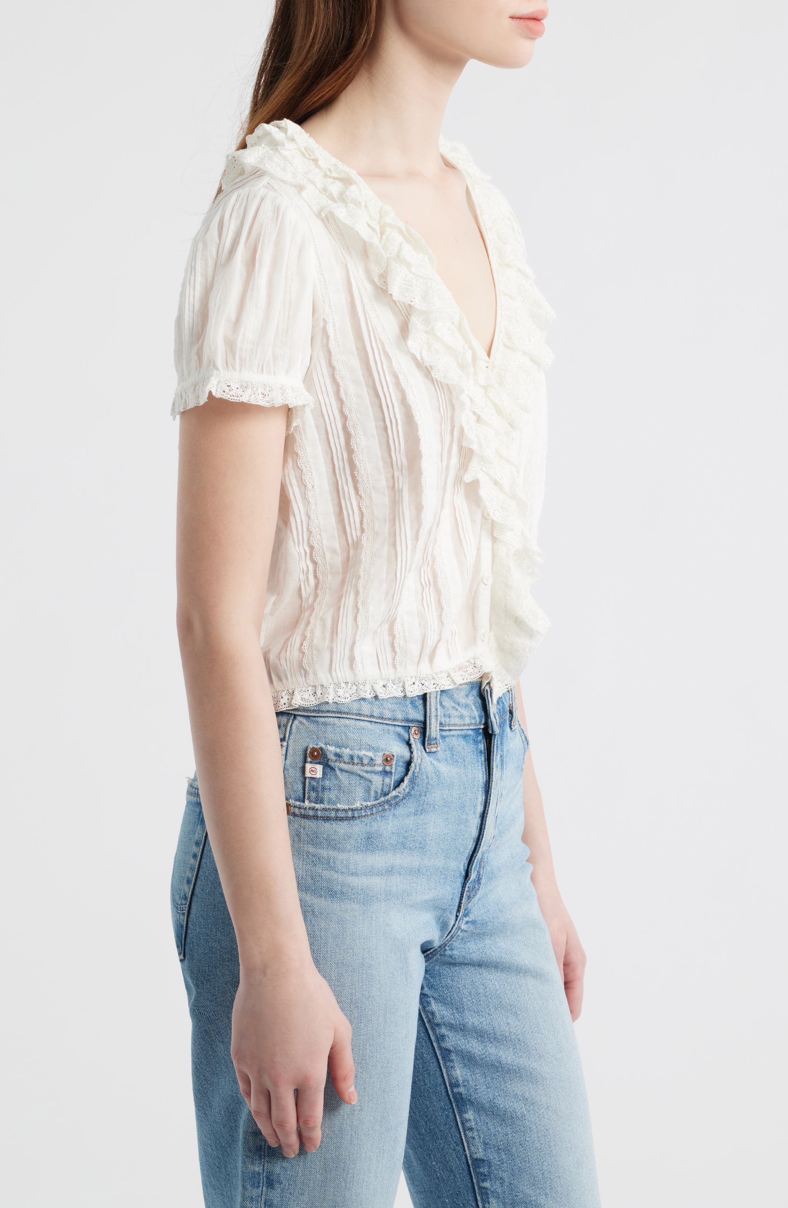 DÔEN Bernadette Pleated Lace Ruffle Trim Top | Nordstrom