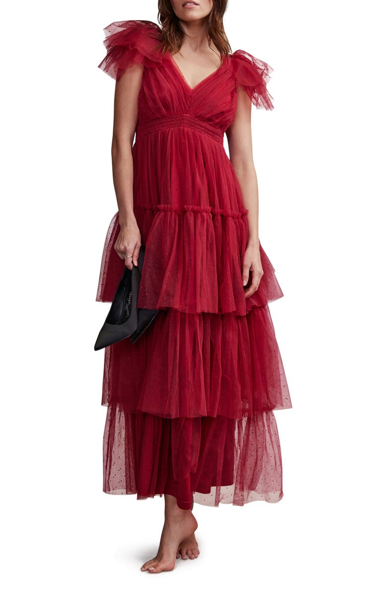 MINT VELVET Tulle Ruffle Maxi Dress, Main, color, Red