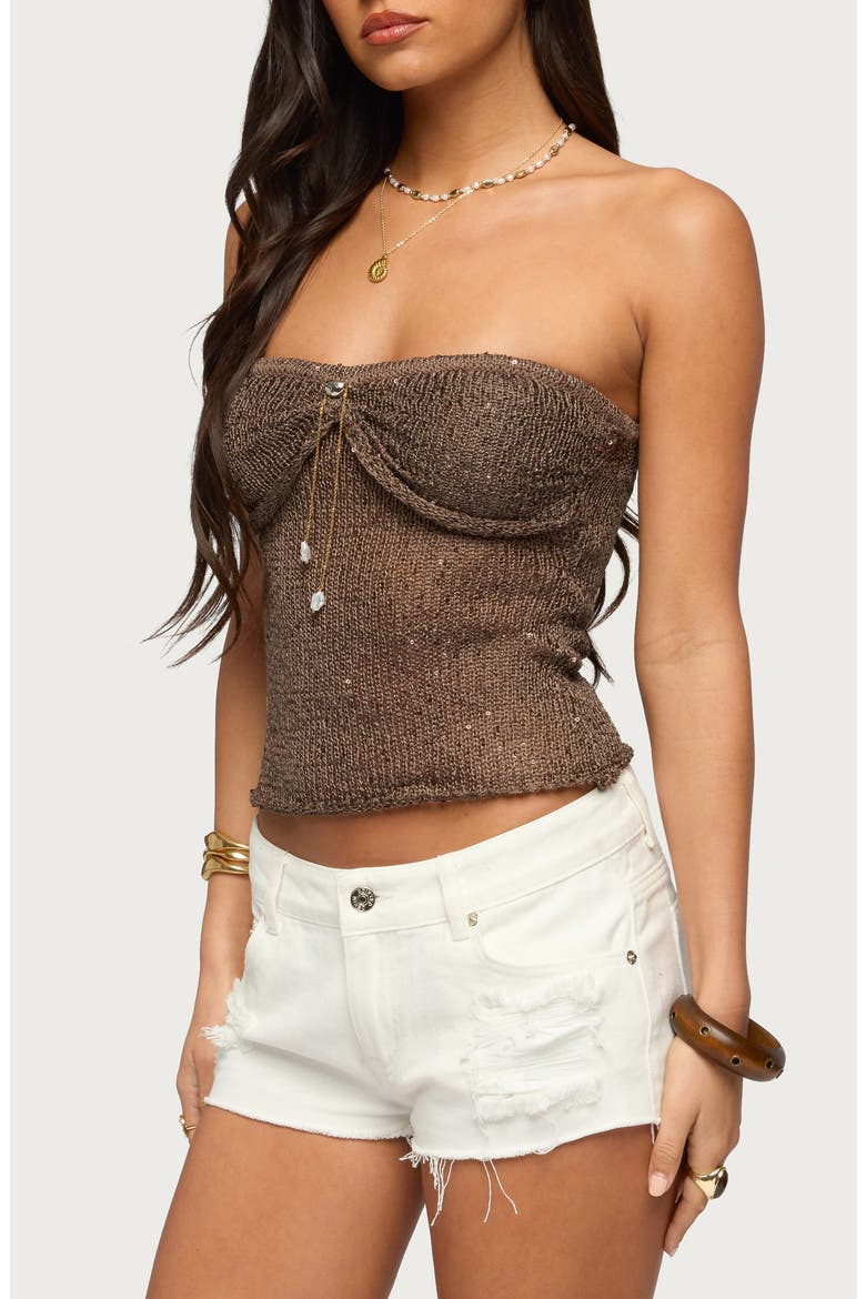Pearly Charm Strapless Sequin Knit Top, Alternate, color, BROWN