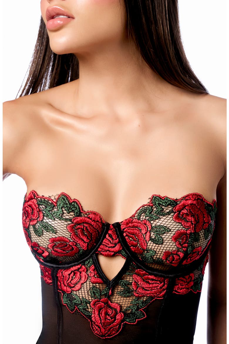 Embroidered Underwire Chemise & G-String Set, Alternate, color, BLACK/ RED
