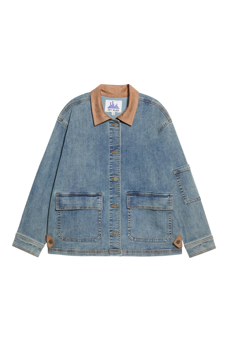 Denim Jacket with Faux Leather Trim, Alternate, color, INDIGO