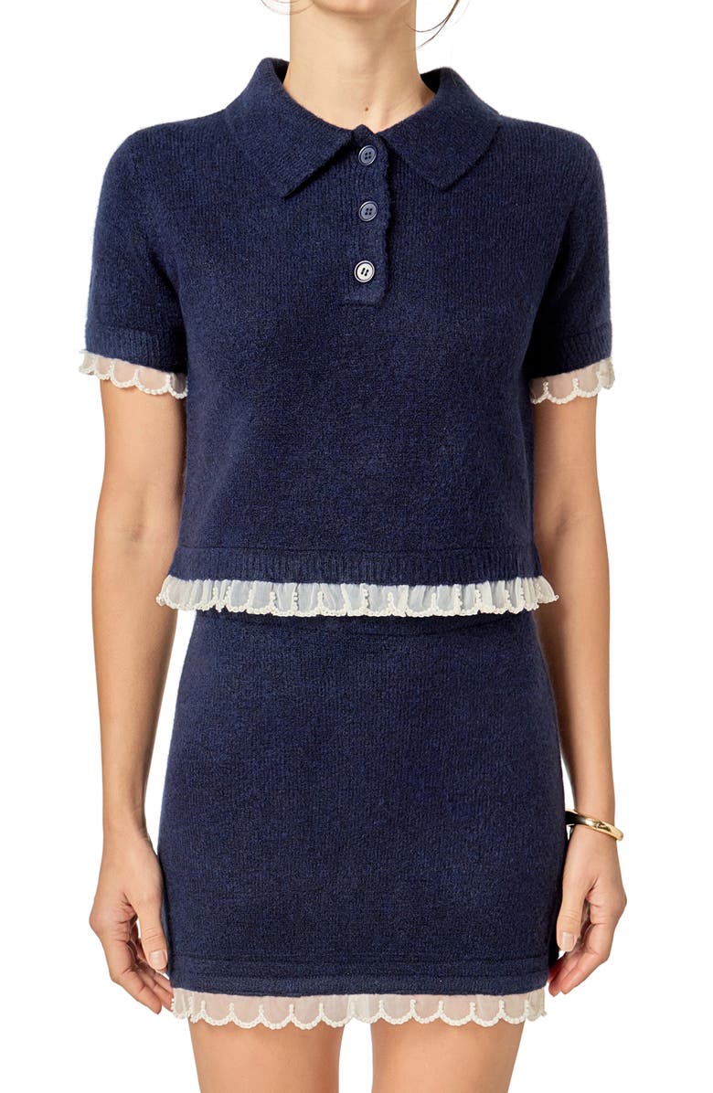 English Factory Faux Pearl Embellished Polo Sweater, Alternate, color,