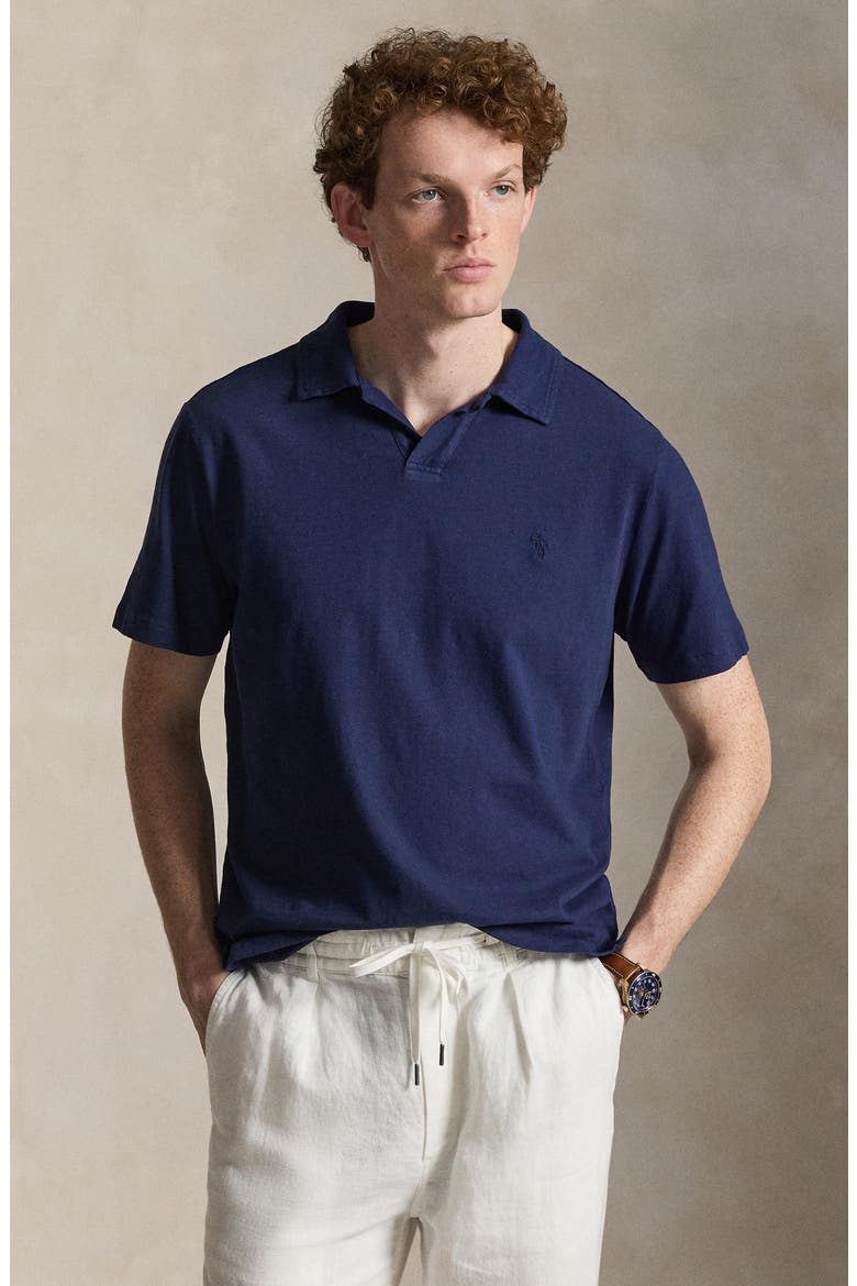 Johnny Collar Cotton & Linen Pocket Polo, Alternate, color, NEWPORT NAVY