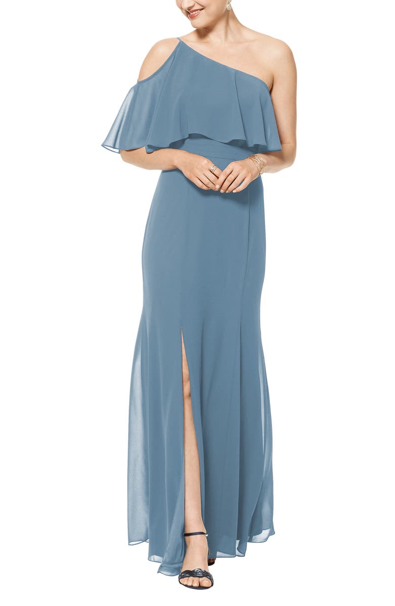 #Levkoff One-Shoulder Chiffon A-Line Gown, Main, color,