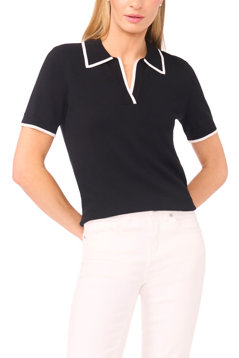 Tipped Johnny Collar Short Sleeve Sweater, Main, color, RICH BLACK