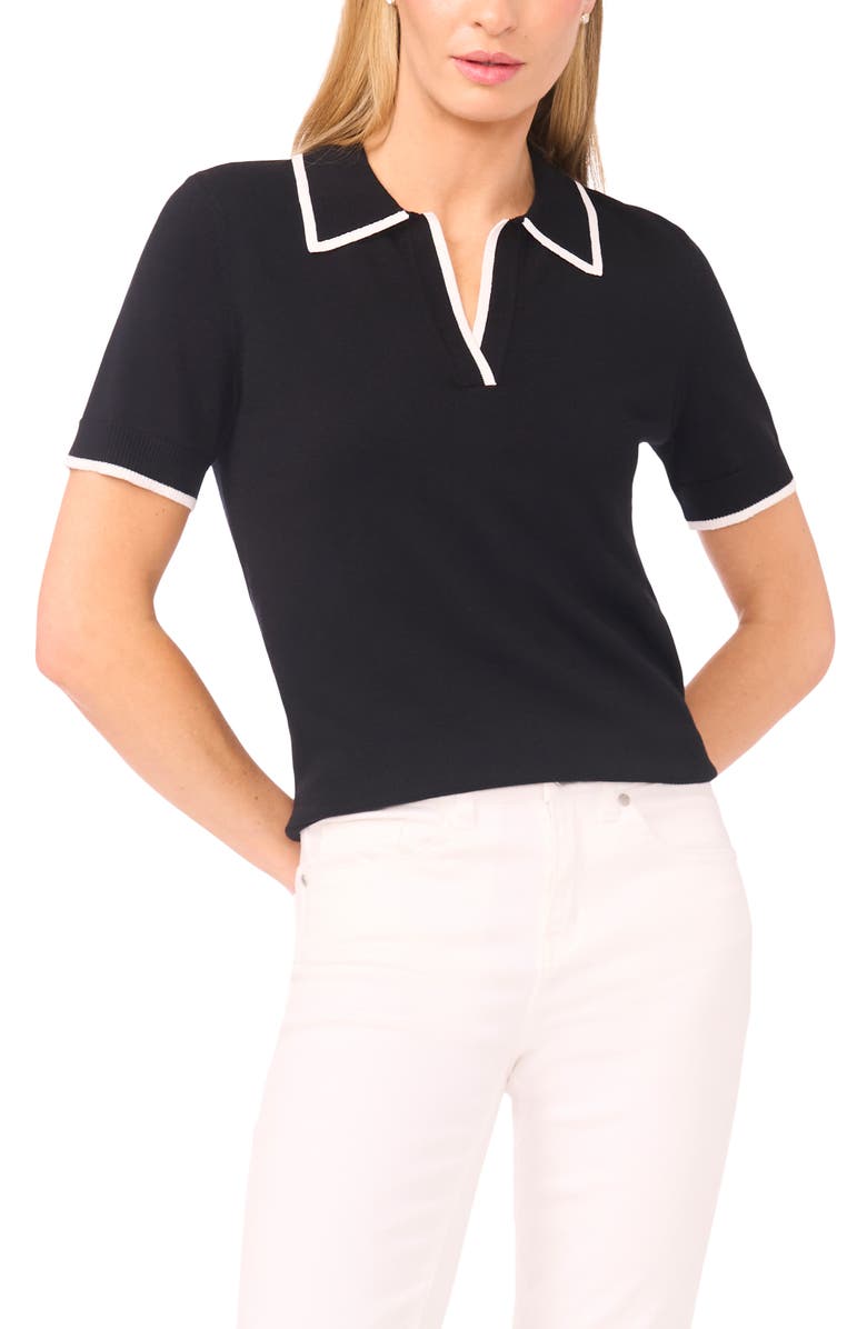 Halogen<sup>®</sup> Tipped Johnny Collar Short Sleeve Sweater, Main, color, Rich Black