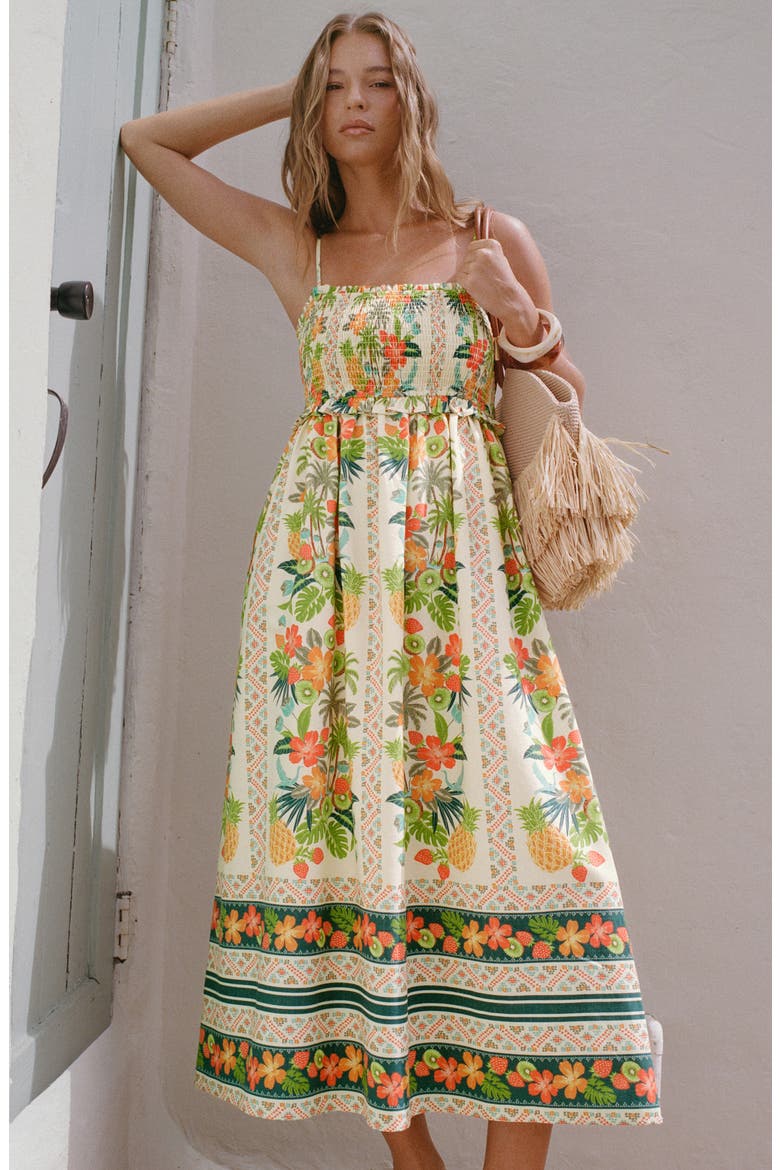 Tropical Print Smocked Midi Dress, Alternate, color, ORANGE