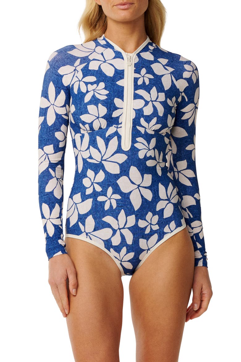 Paraiso Long Sleeve One-Piece Rashguard Swimsuit, Main, color, BLUE