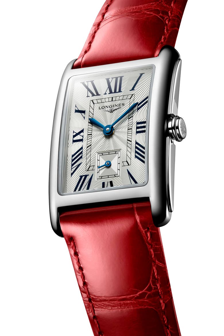 DolceVita II Leather Strap Watch, 23mm x 37mm, Alternate, color, RED/ SILVER