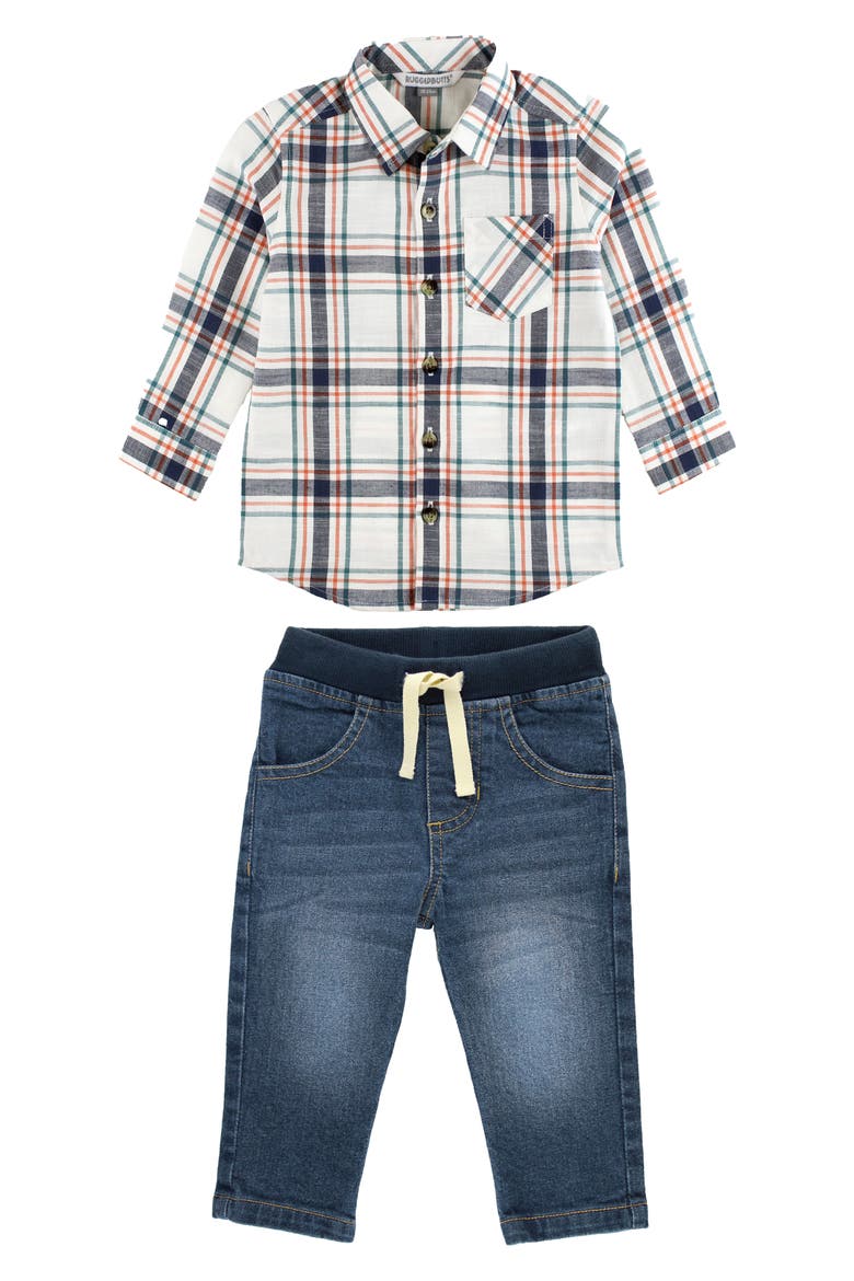 Plaid Button-Up Shirt & Jeans Set, Main, color, BLUE
