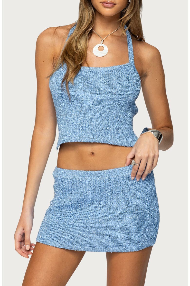 Shaylee Sequin Halter Crop Sweater Tank, Main, color, BLUE