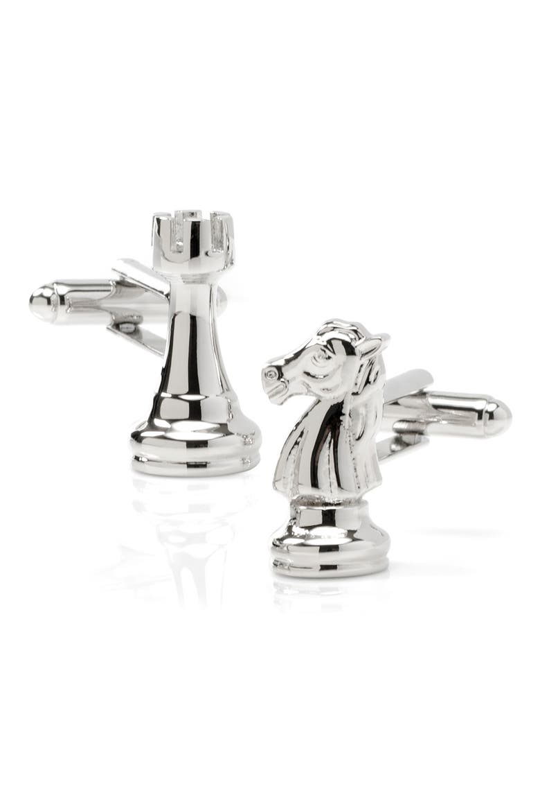 Knight & Rook Chess Piece Cuff Links, Main, color, SILVER
