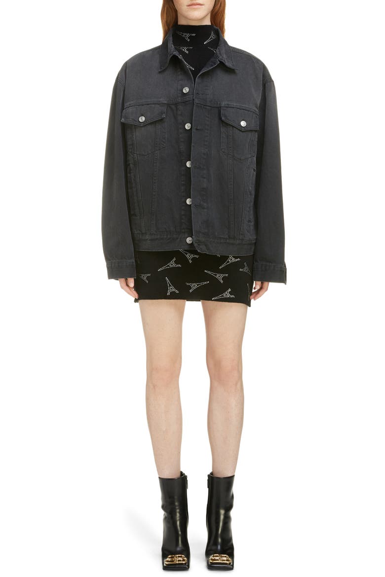 Embellished Logo Denim Jacket, Alternate, color, 1103-VINTAGE BLACK WASH