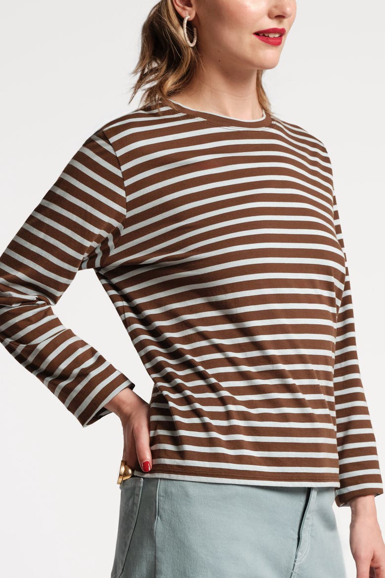 Long Sleeve Striped Tee Shirt Stripe 100% Pima Cotton, Alternate, color, Chocolate/Light Blue