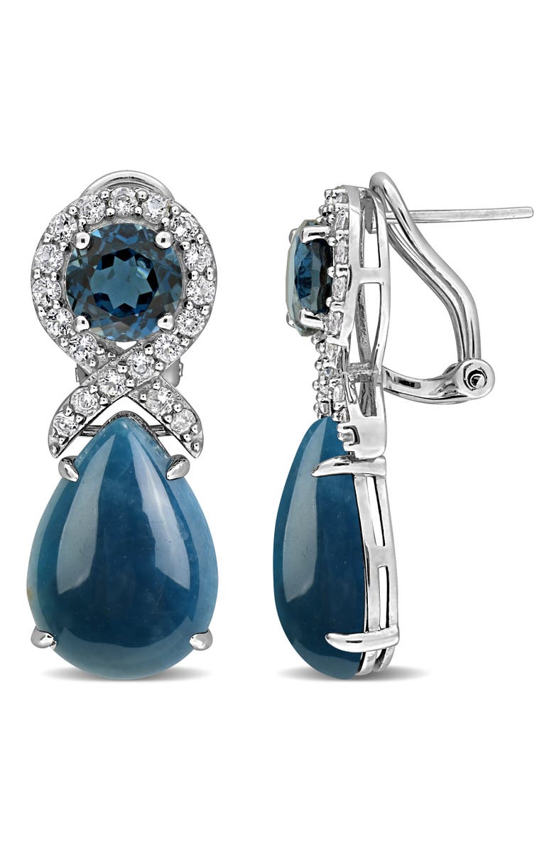 Julianna B. Gemstone Drop Halo Leverback Earrings, Main, color, Blue Topaz