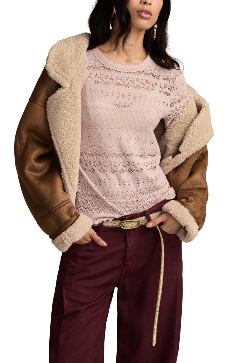 Lucky Brand Lace Long Sleeve Crewneck Top, Alternate, color, Sepia Rose