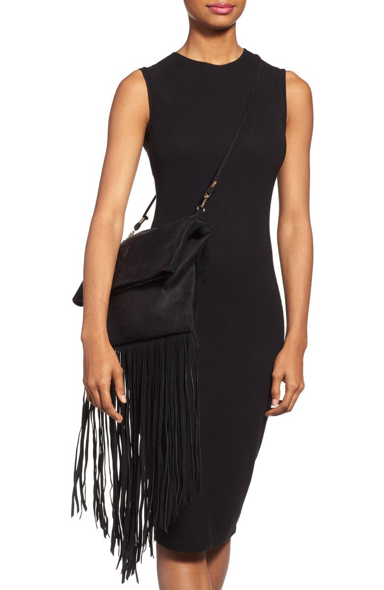 Street Level Suede Fringe Foldover Crossbody Bag, Alternate, color, Black