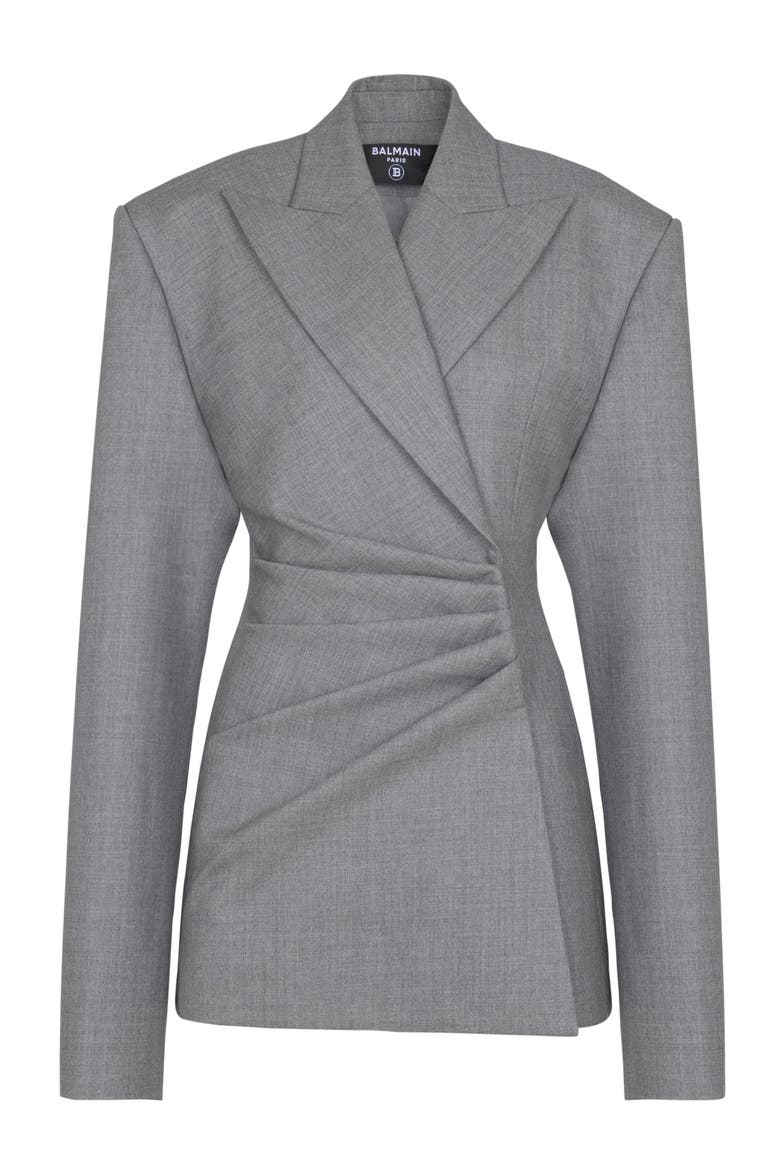Short jacket dress in draped wool, Alternate, color, grey