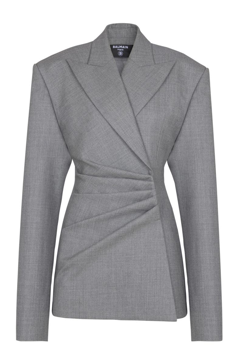 Balmain Short jacket dress in draped wool, Alternate, color, Grey