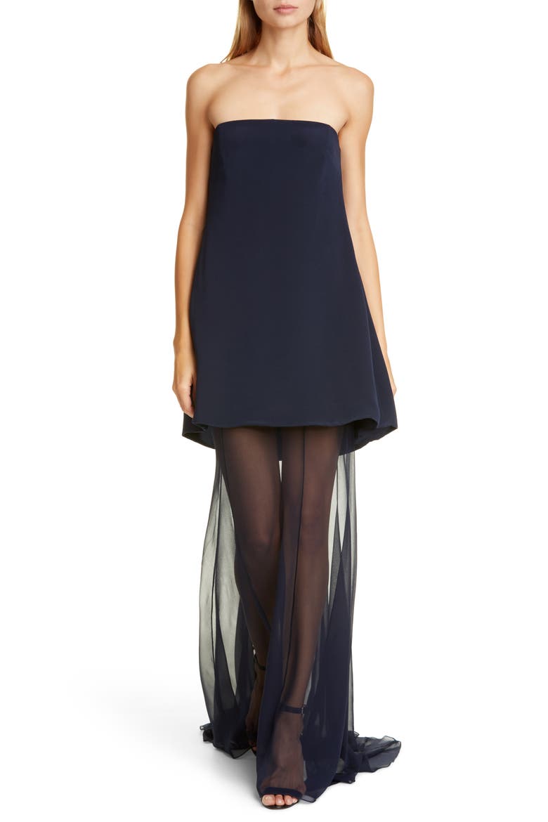 Chiffon Hem Strapless Silk Dress, Main, color, NAVY