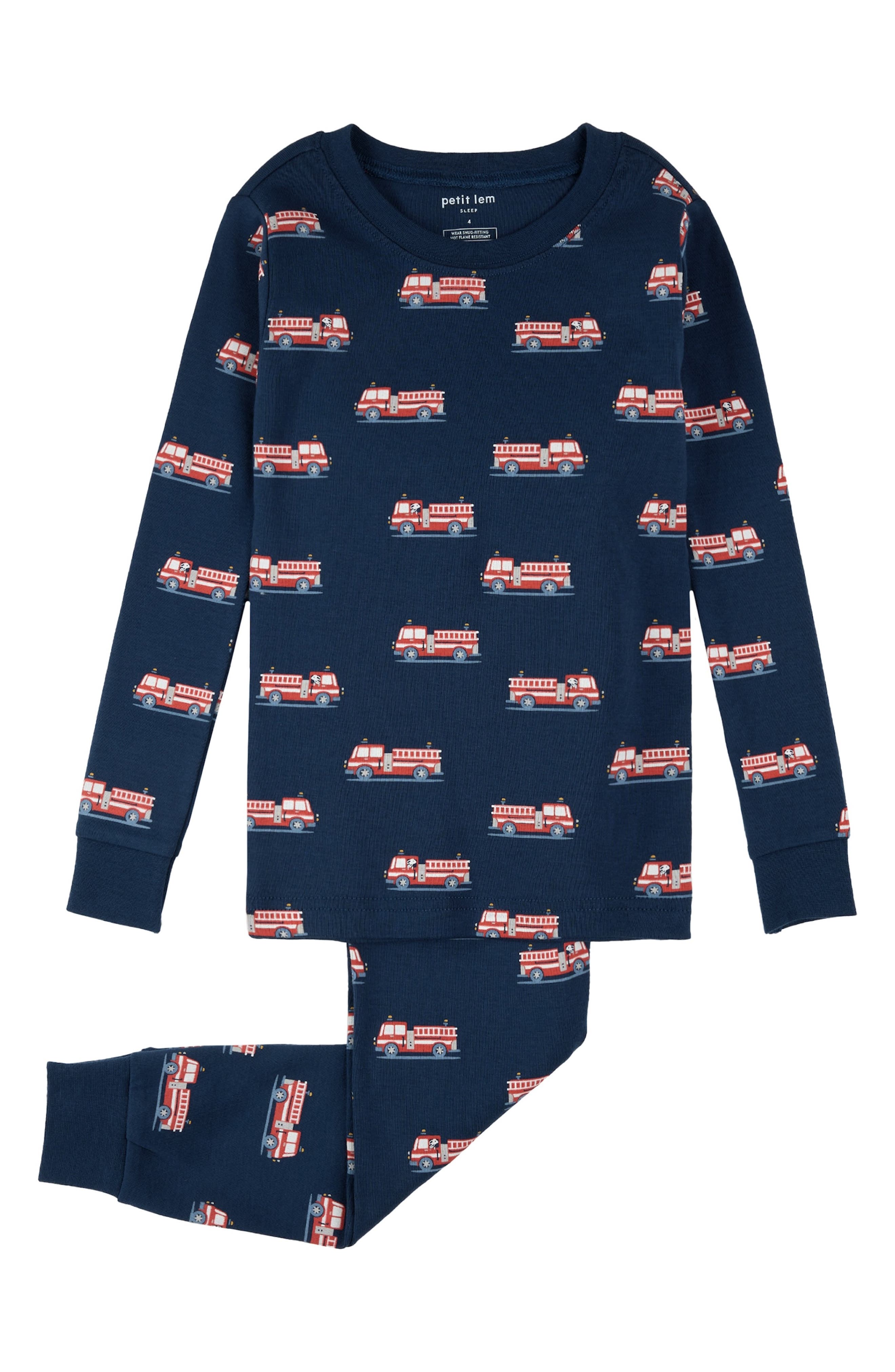 Petit Lem Kids' Fire Truck Print Fitted Organic Cotton Two-Piece Pajamas