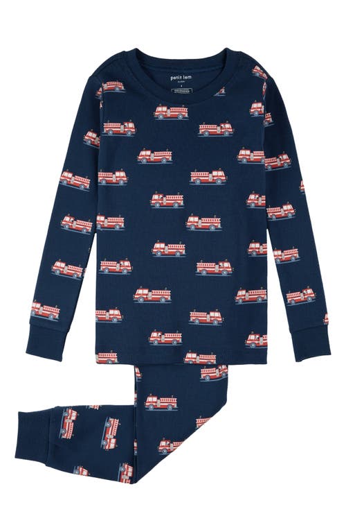 Petit Lem Kids' Fire Truck Print Fitted Organic Cotton Two-Piece Pajamas in Dark Blue 