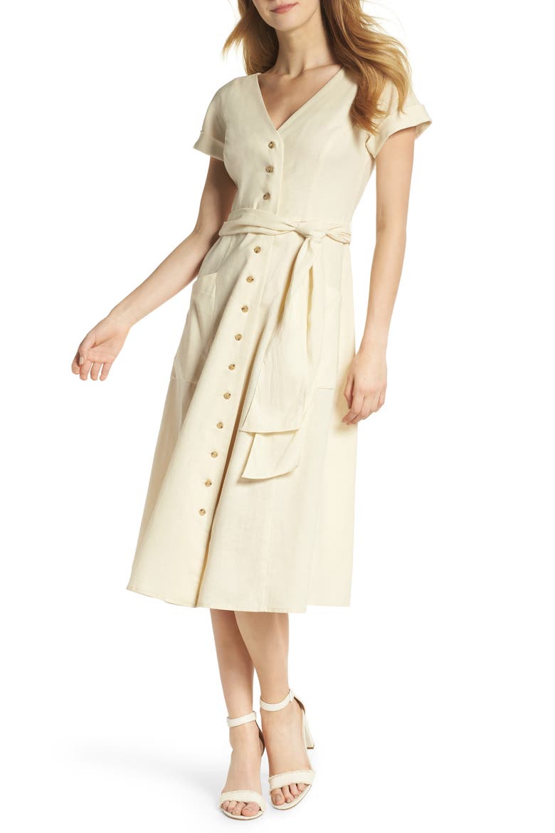 Vanessa Button Front Linen Blend Midi Dress, Alternate, color, BUTTERCUP
