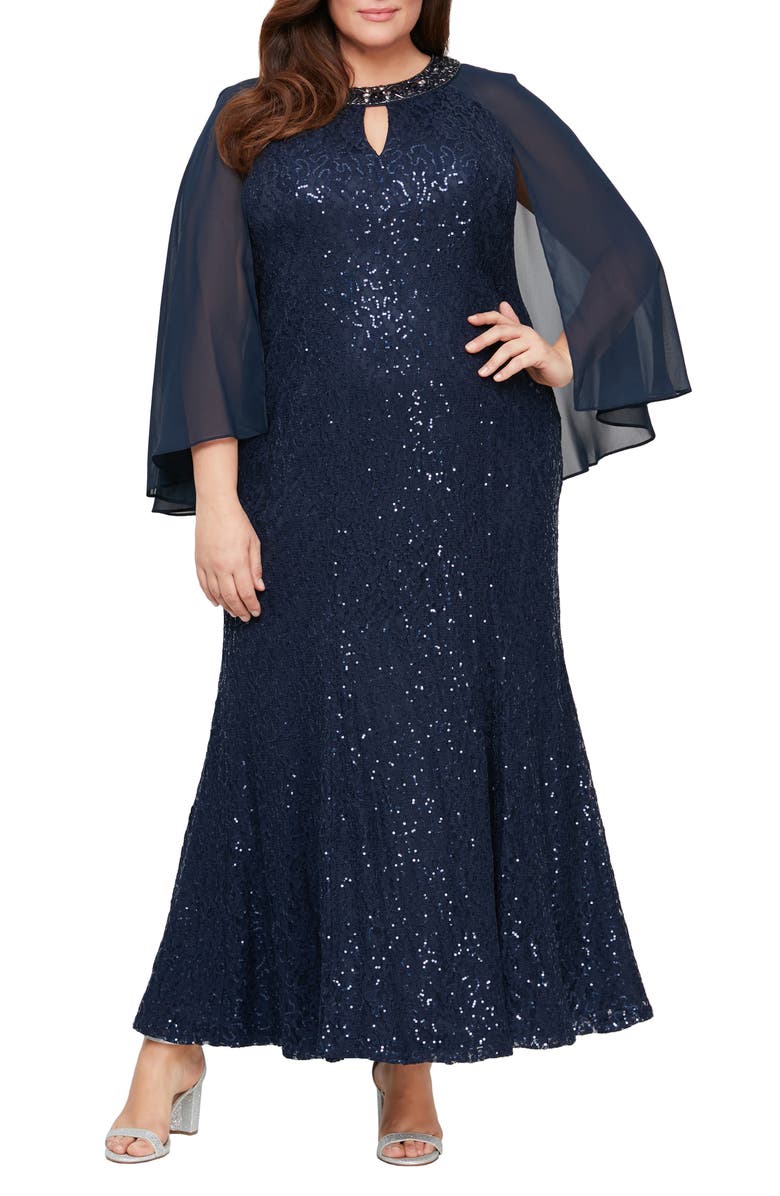 Alex Evenings Sequin Cape Long Sleeve Fit & Flare Gown, Main, color, 