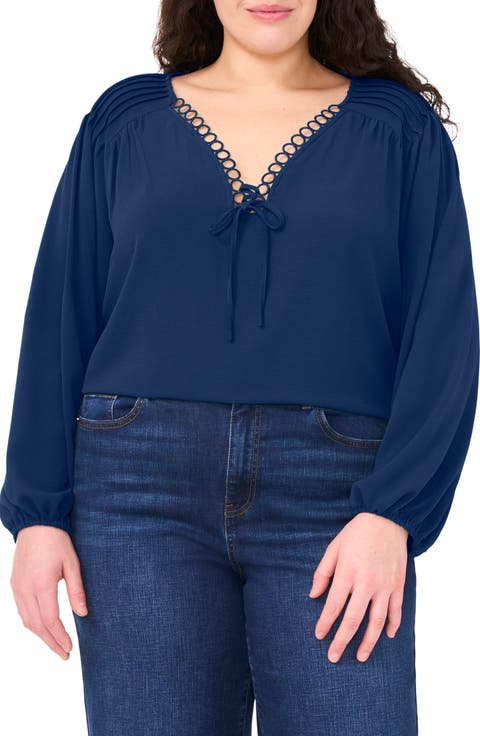 Circle Lace Long Sleeve Pintuck Top (Plus)