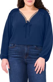 CeCe Circle Lace Long Sleeve Pintuck Top