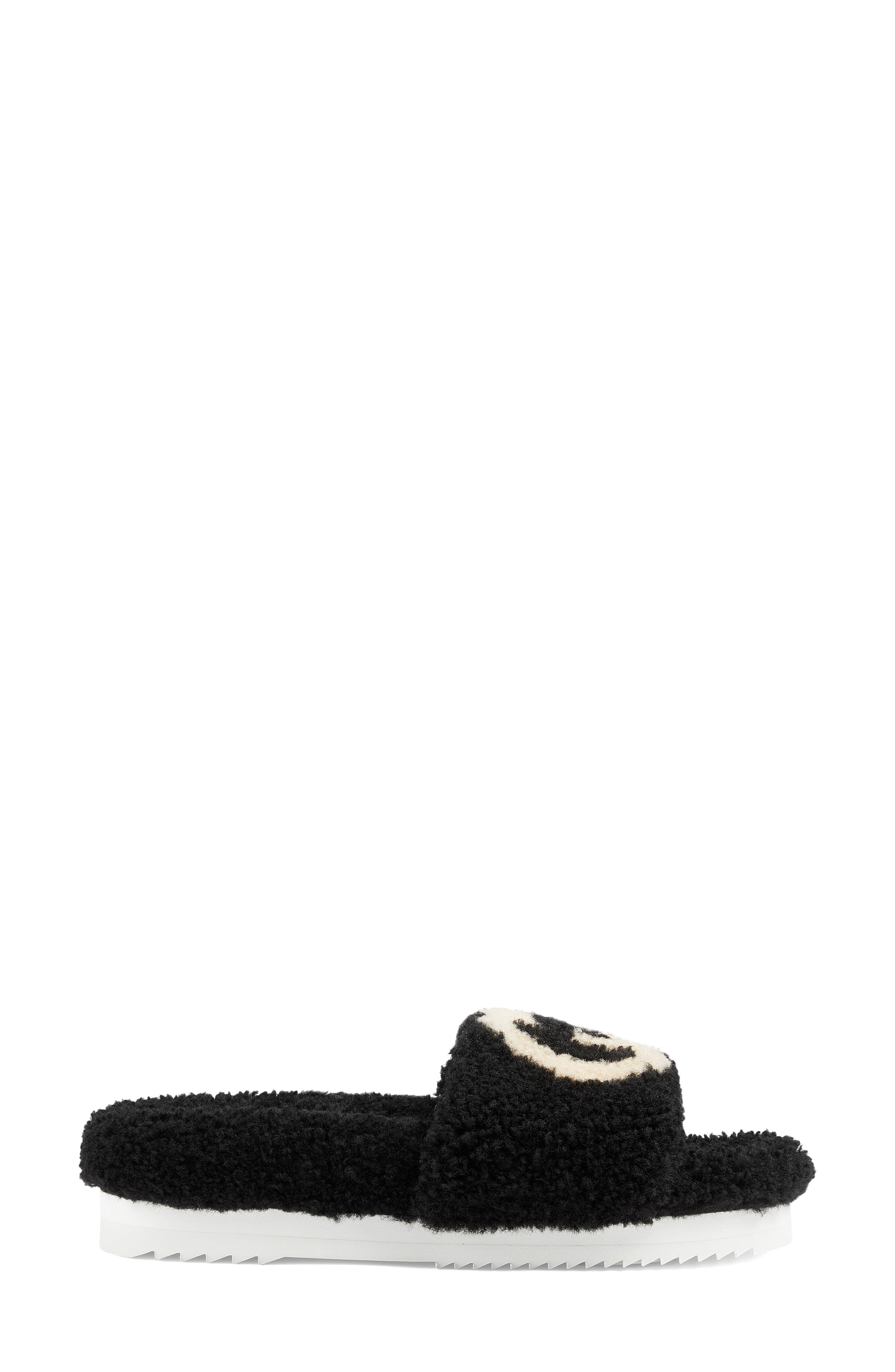Gucci Eileen Logo Genuine Shearling Slide Sandal, Alternate, color, Black/ Butterscotch
