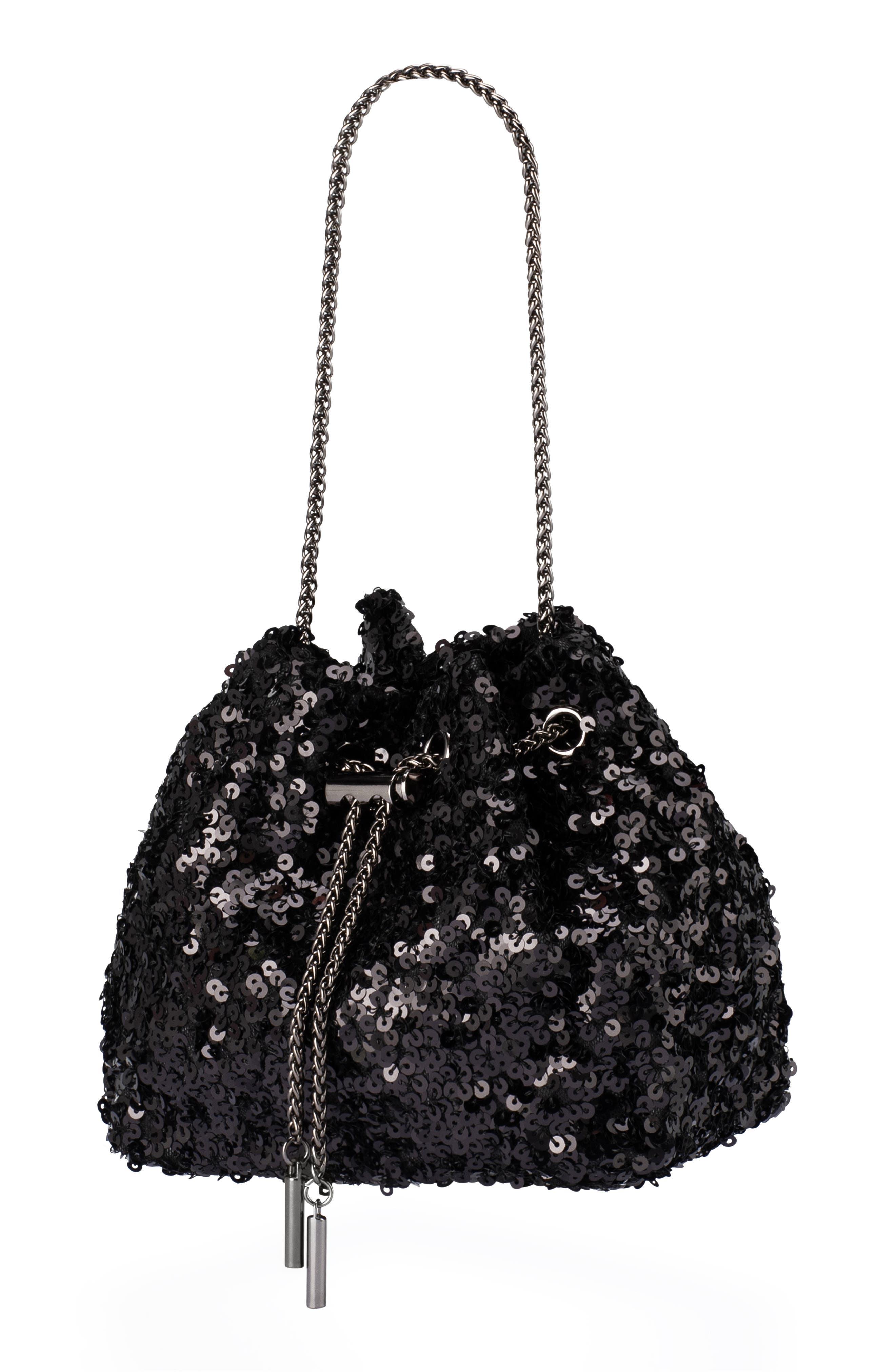 Olga Berg Ilana Sequin Drawstring Clutch, Alternate, color, Black