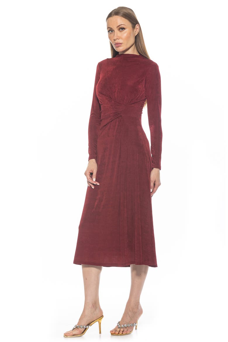 Marla Long Sleeve Draped Midi Dress, Alternate, color, BURGUNDY