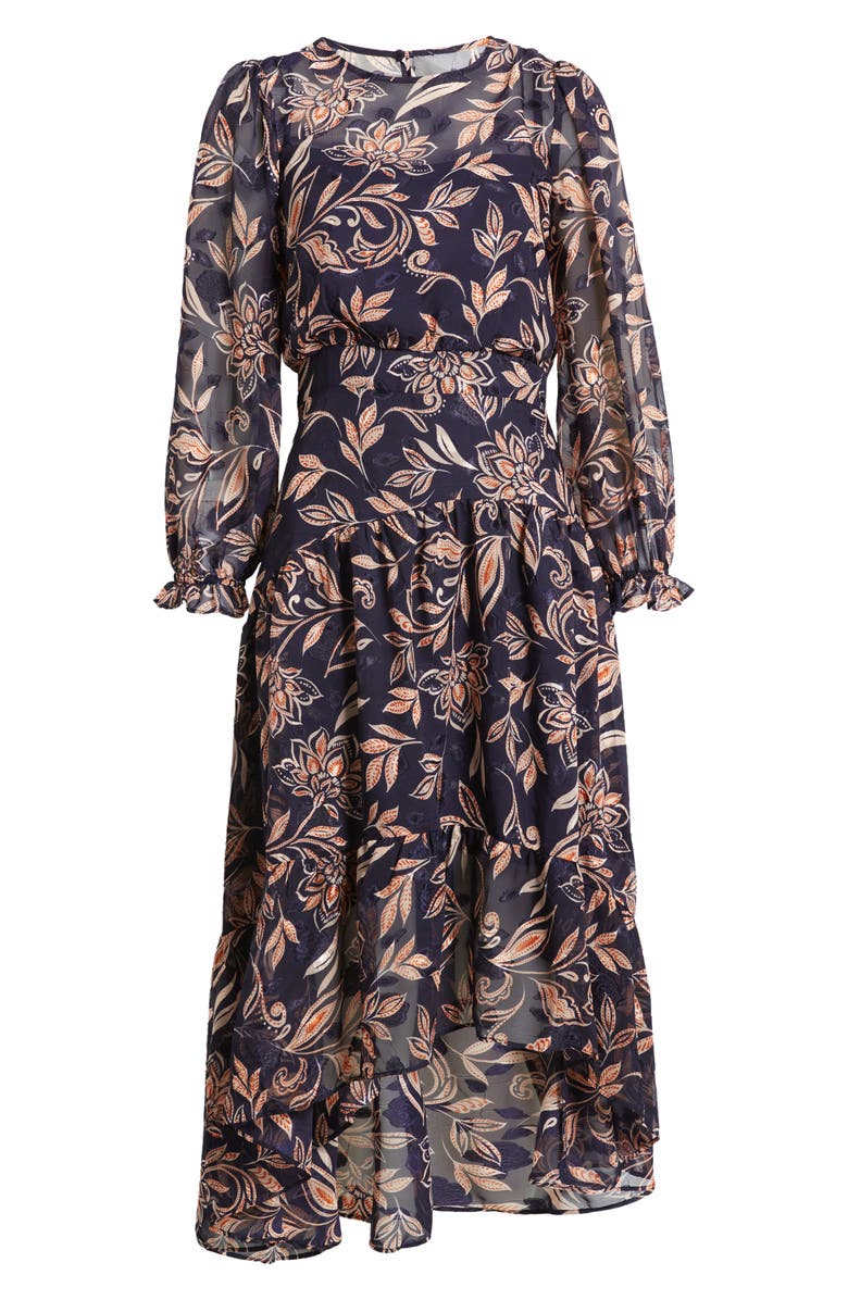 Eliza J Floral Long Sleeve Tiered Chiffon Dress, Alternate, color, Nvy