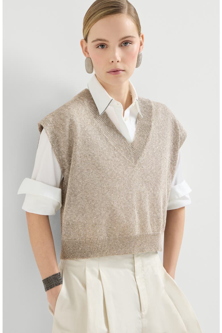 Linen and cotton Diamond yarn sweater, Alternate, color, Light Brown