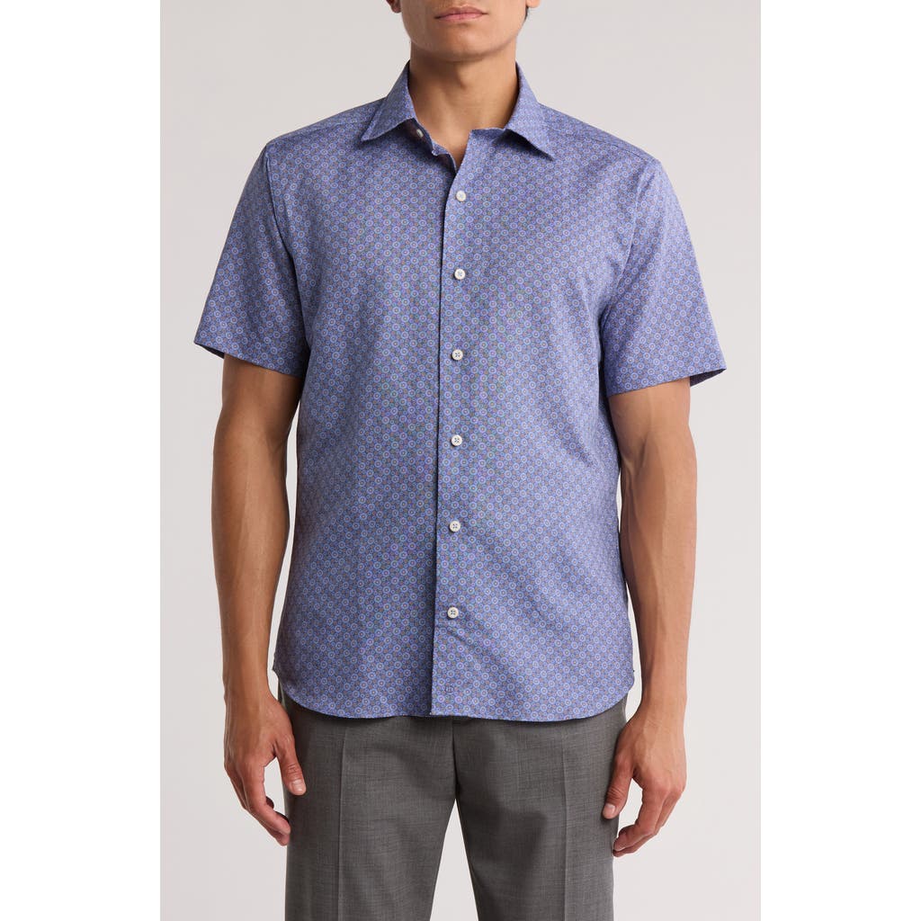 David Donahue Linen & Cotton Short Sleeve Sport Shirt In Blue