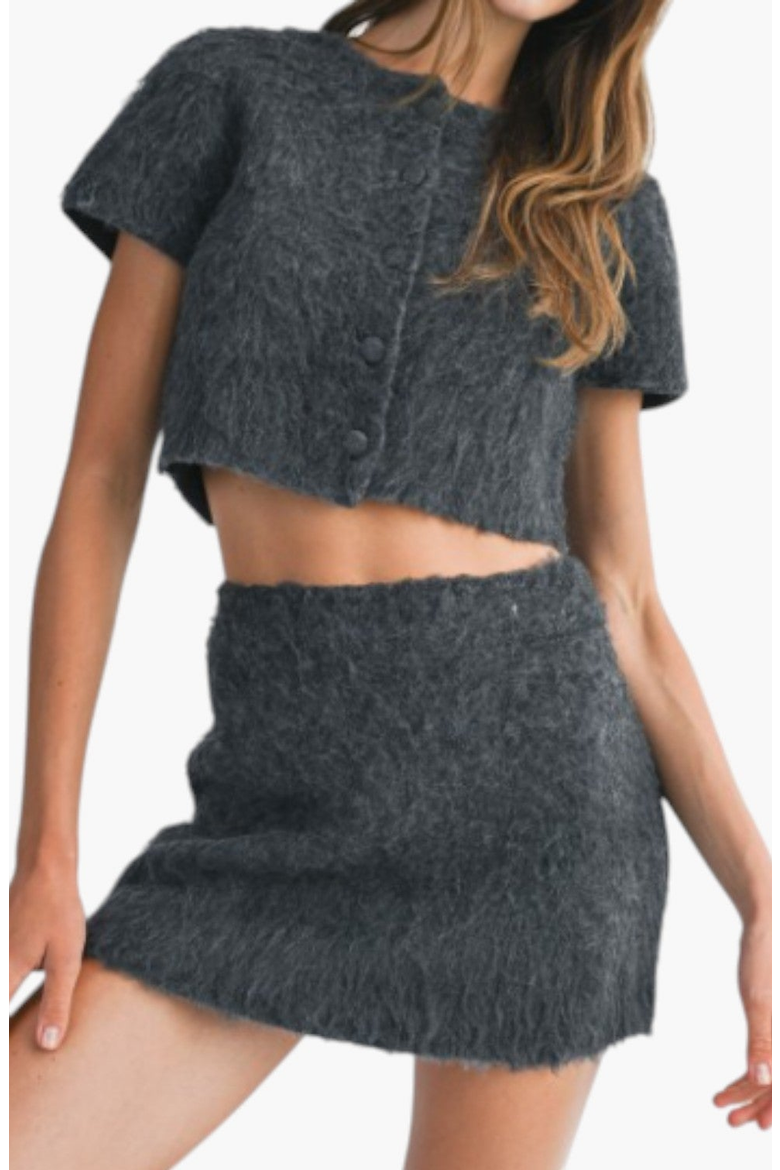 Fuzzy Knit Crop Top and Mini Skirt Set with Button Front Detail, Alternate, color, Gray