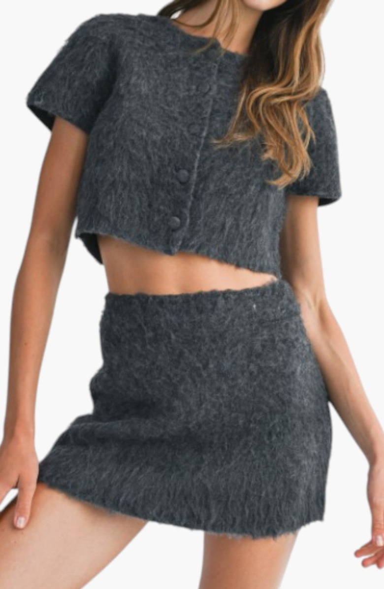 Modenaire Fuzzy Knit Crop Top and Mini Skirt Set with Button Front Detail, Alternate, color, Gray