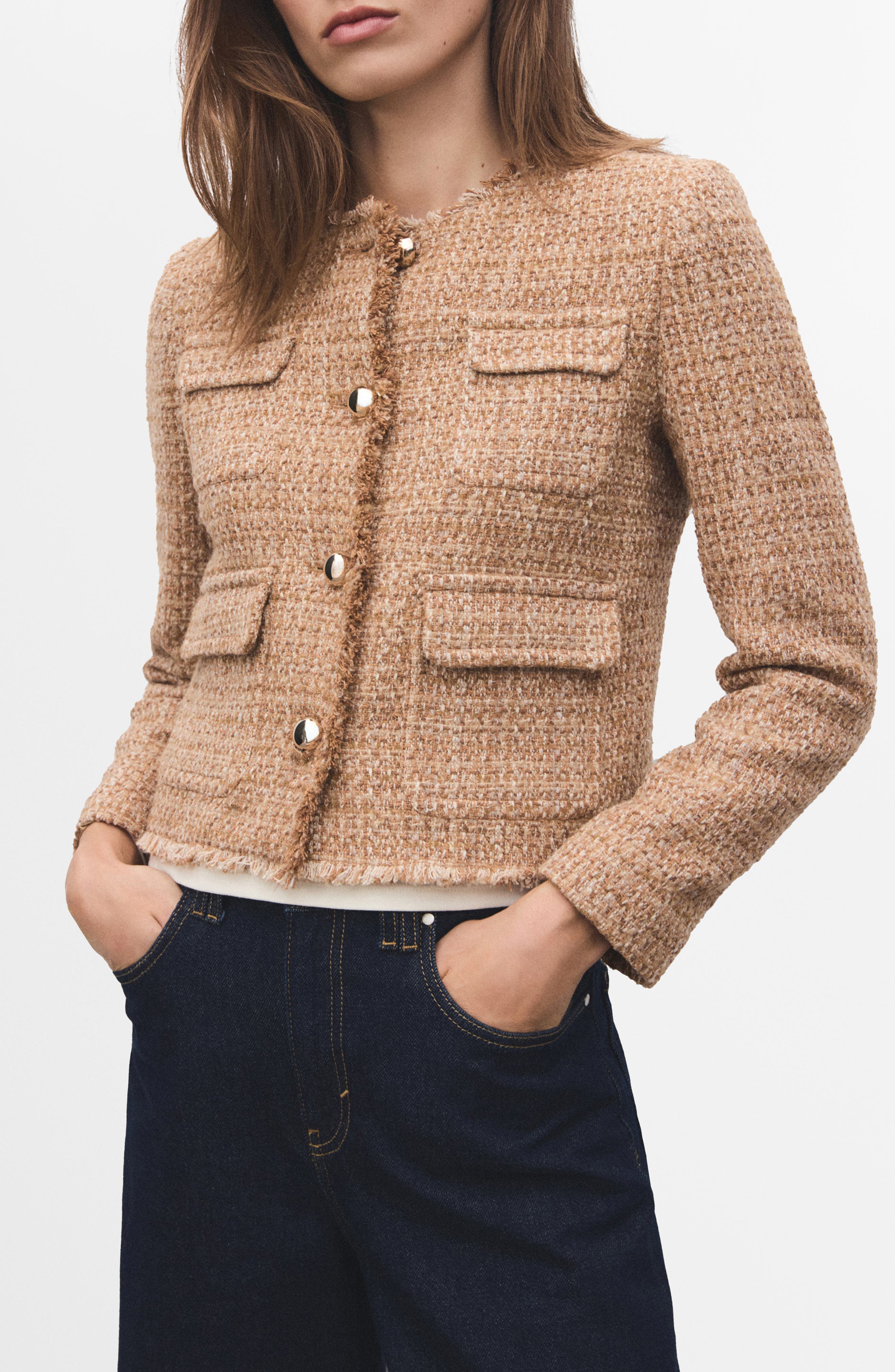 MANGO Fray Trim Tweed Crop Jacket